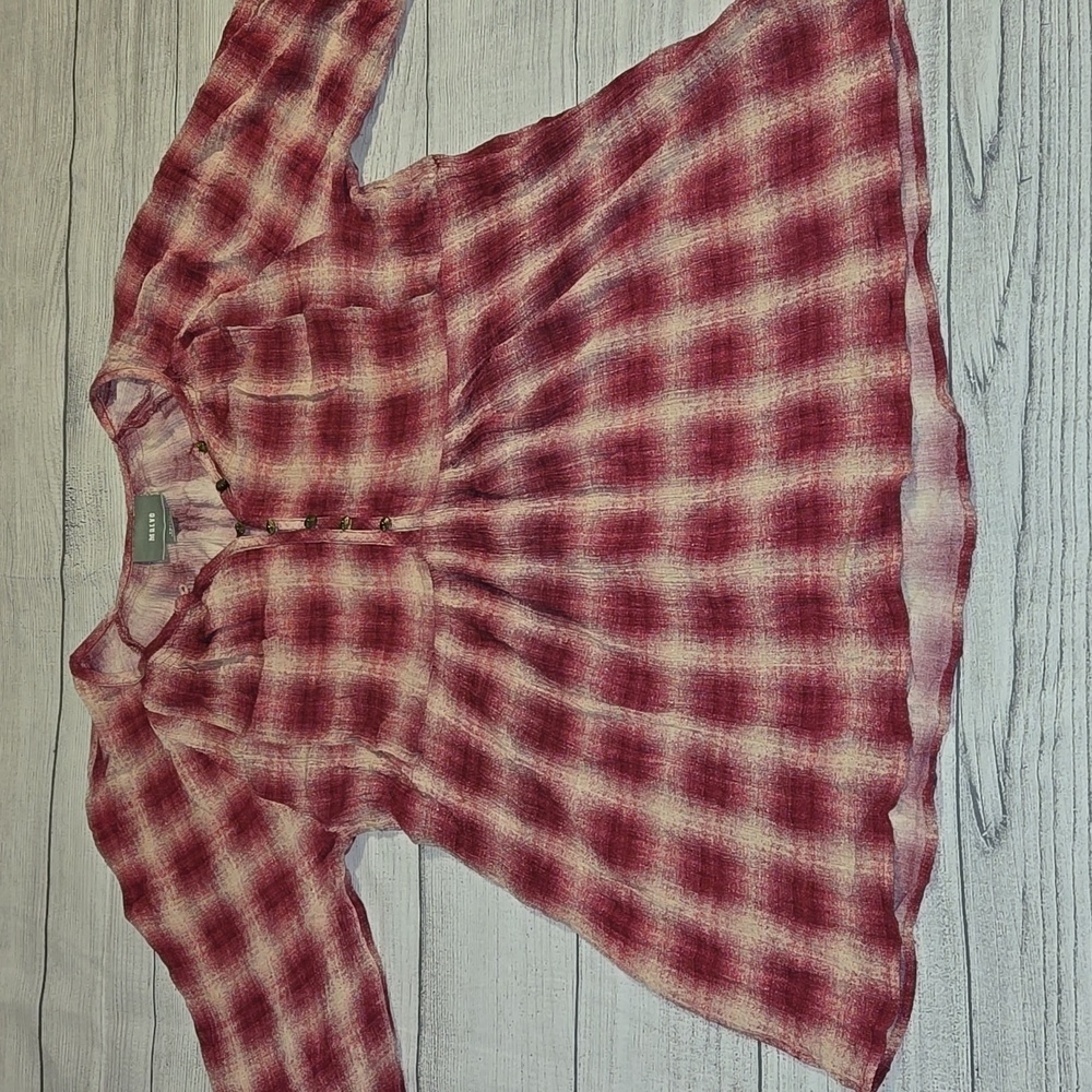 Maeve Women's 3/4 Sleeves Plaid Babydoll Blouse Pink and Cream Size S